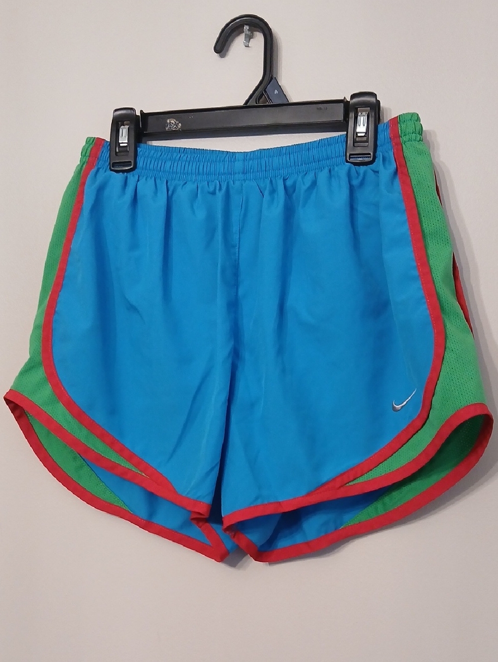 Nike Women’s Bright Blue Athletic Shorts with Green Panels & Red Trim